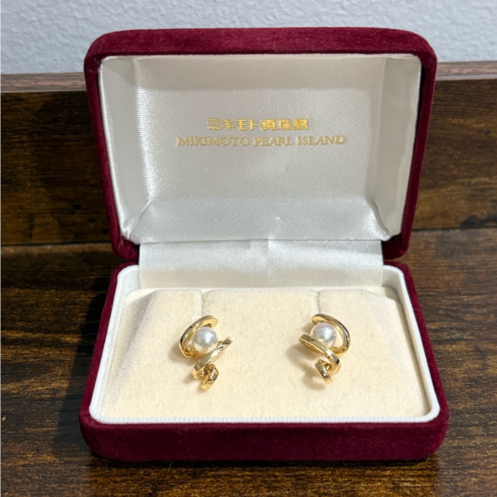 Mikimoto Akoya Pearls Earrings Twist Design Japan Real Gold - Picture 8 of 13